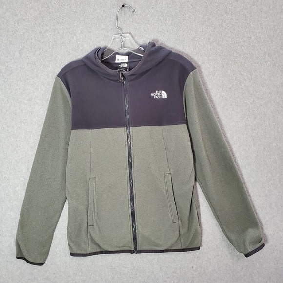 The North Face Boys Sweatshirt Large Green Colorblock Hoodie Fleece Full Zip - Picture 1 of 10